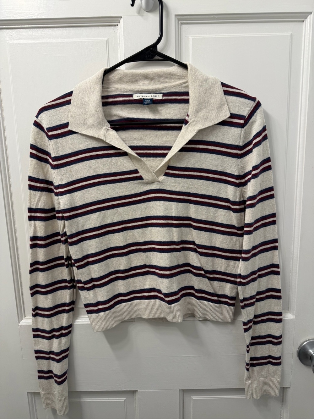 American Eagle Striped Open-Collar Sweater - Cream, Navy & Burgundy